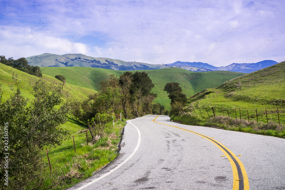 Paved road going through verdant hills, Mount Hamilton in the background, south San Francisco bay, San Jose, California