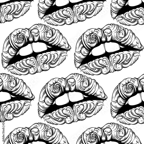 Vector pattern with illustration of surreal lips made in hand drawn style. Tattoo art. Creative fairy artwork with elements of baroque. Template for card poster banner print for t-shirt.