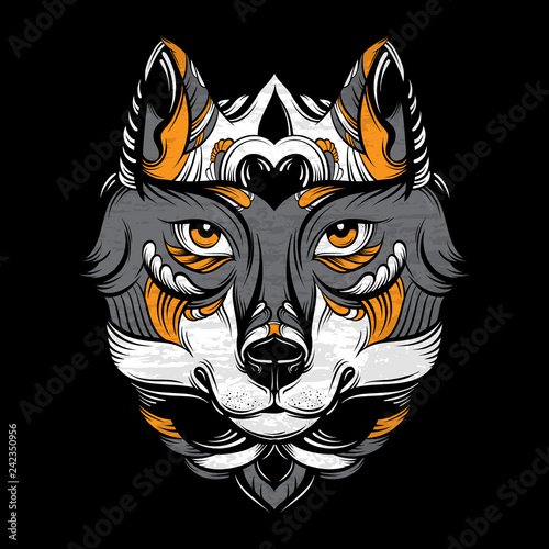 Vector hand drawn illustration of wolf with decorative elements. Artwork in boho style. Hand sketched portrairt of animal. Template for card poster banner print for t-shirt.