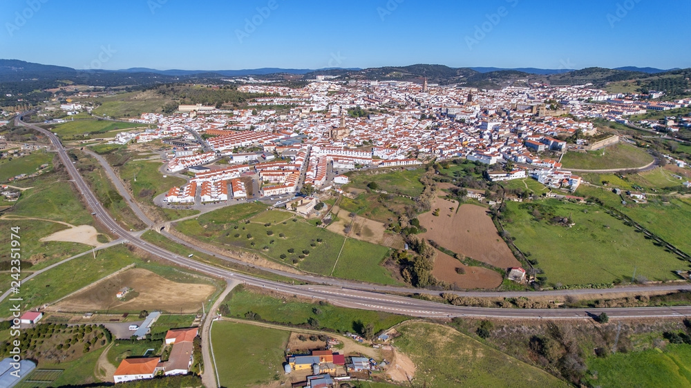Aerial. Historic Spanish village Jerez de los Caballeros filmed from the sky.