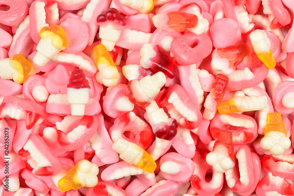 Assorted gummy candies. Top view. Jelly sweets. Assorted gummy candies. Top view. Jelly sweets.