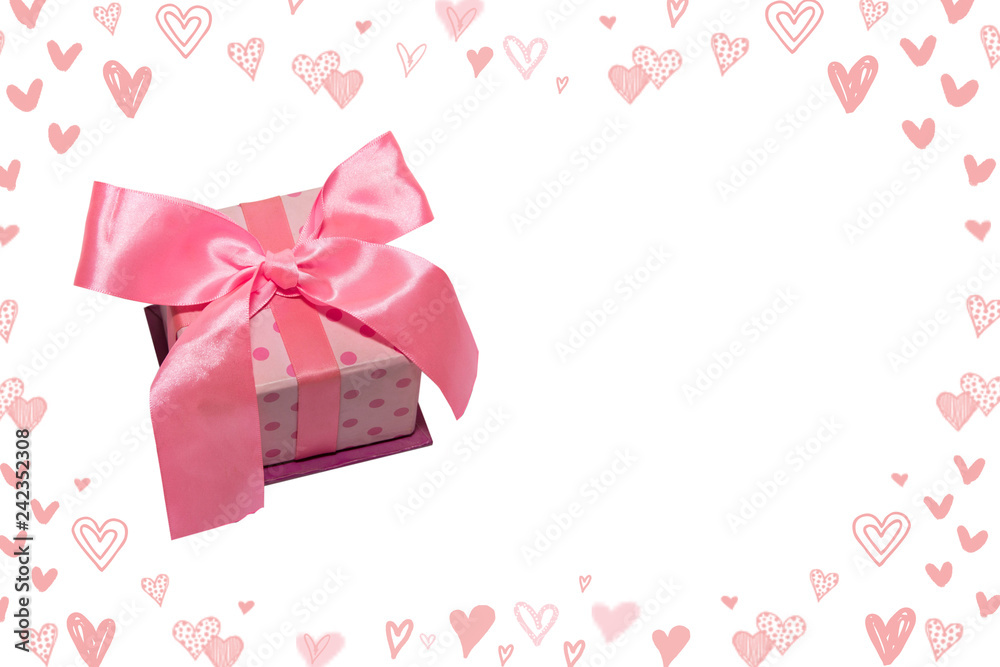 pink box on a wite background with hearts. Valentine's Day gift