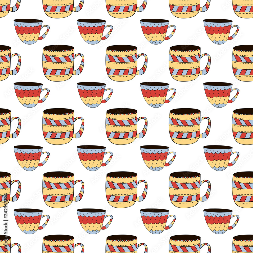 Vector seamless pattern of cups of coffee, tea, milk in Scandinavian style. Used for wallpapers, backgrounds, wrapping paper Vector seamless pattern of cups of coffee, tea, milk in Scandinavian style. Used for wallpapers, backgrounds, wrapping paper