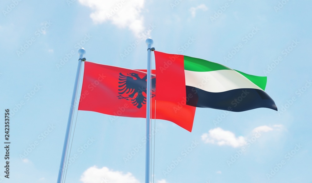 UAE and Albania, two flags waving against blue sky. 3d image UAE and Albania, two flags waving against blue sky. 3d image