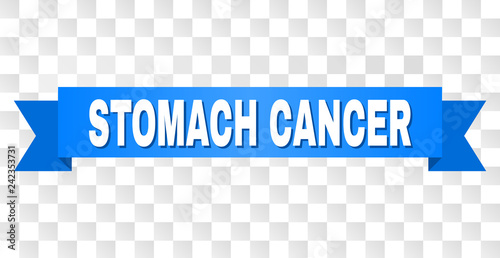 STOMACH CANCER text on a ribbon. Designed with white caption and blue stripe. Vector banner with STOMACH CANCER tag on a transparent background.