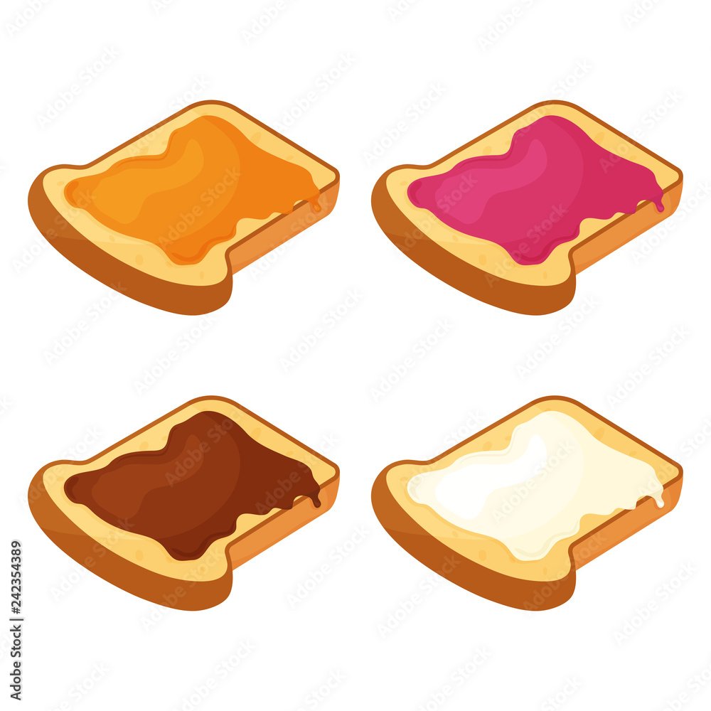 Set of slices of fried bread, toast with honey, jam, chocolate and butter. Vector illustration