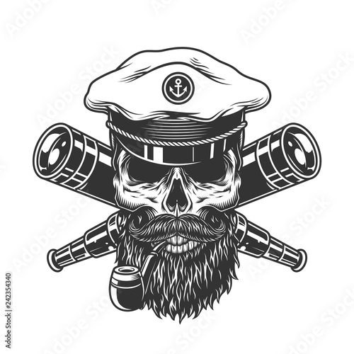 Bearded and mustached sea captain skull