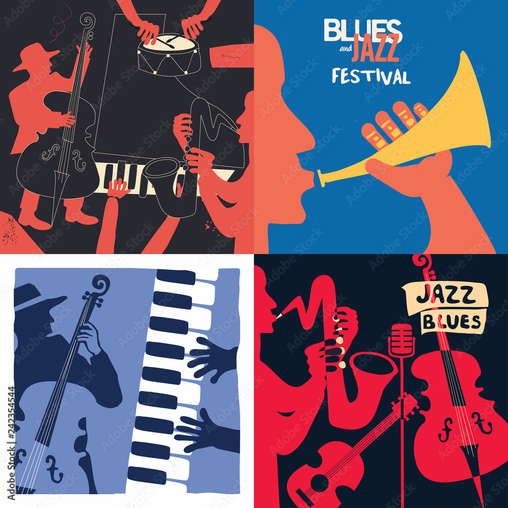 Fototapeta premium Set of music cards and banners. Music cards with instruments flat vector illustration design. Jazz music festival banners. Colorful jazz concert posters, party flyers, brochures
