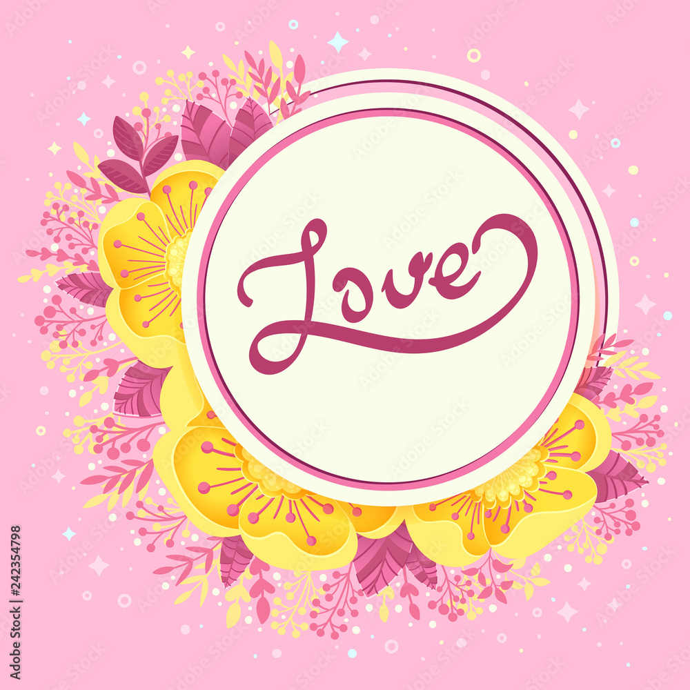 Love cut paper illustration with Flowers. Festive candy pastel card with paper cut flowers for wedding, greeting and celebration. 