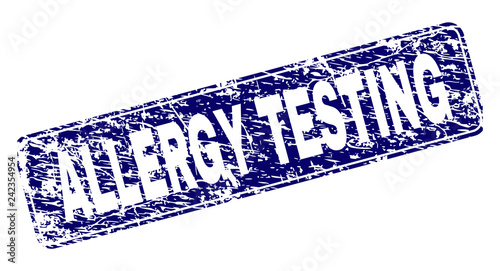 ALLERGY TESTING stamp seal print with distress texture. Seal shape is a rounded rectangle with frame. Blue vector rubber print of ALLERGY TESTING text with unclean texture.