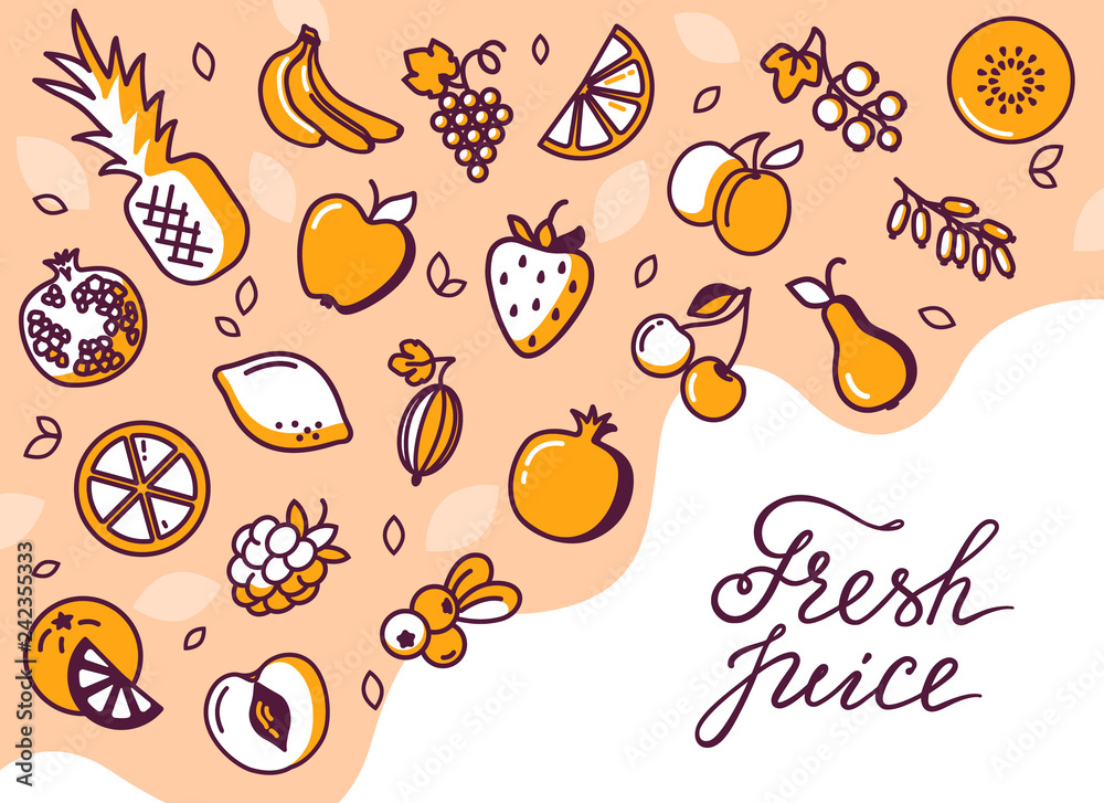 Gift card with a place for lettering on white background with fruits. Vector illustration of for greeting card, invitation, poster, store, gift, banner template.