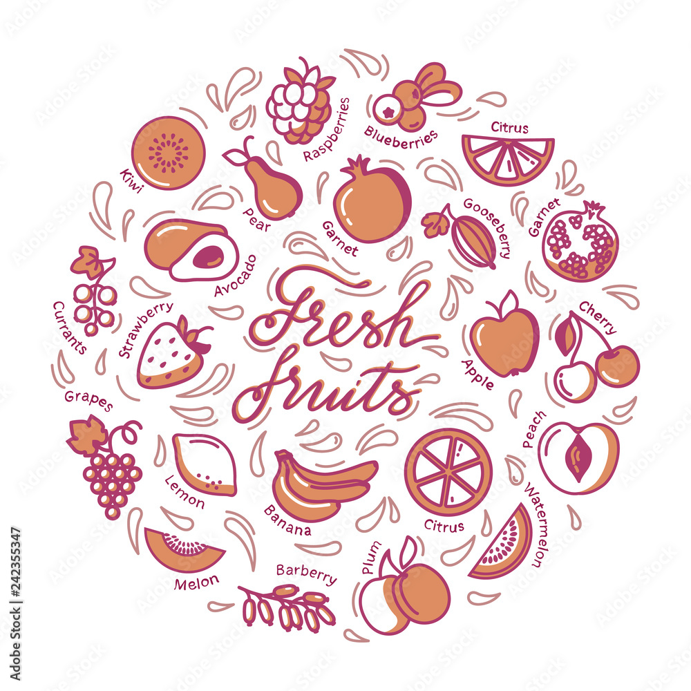 Fruits illustration. Circle frame with fruit icons. Concept illustration for groceries, agriculture stores, packaging and advertising.