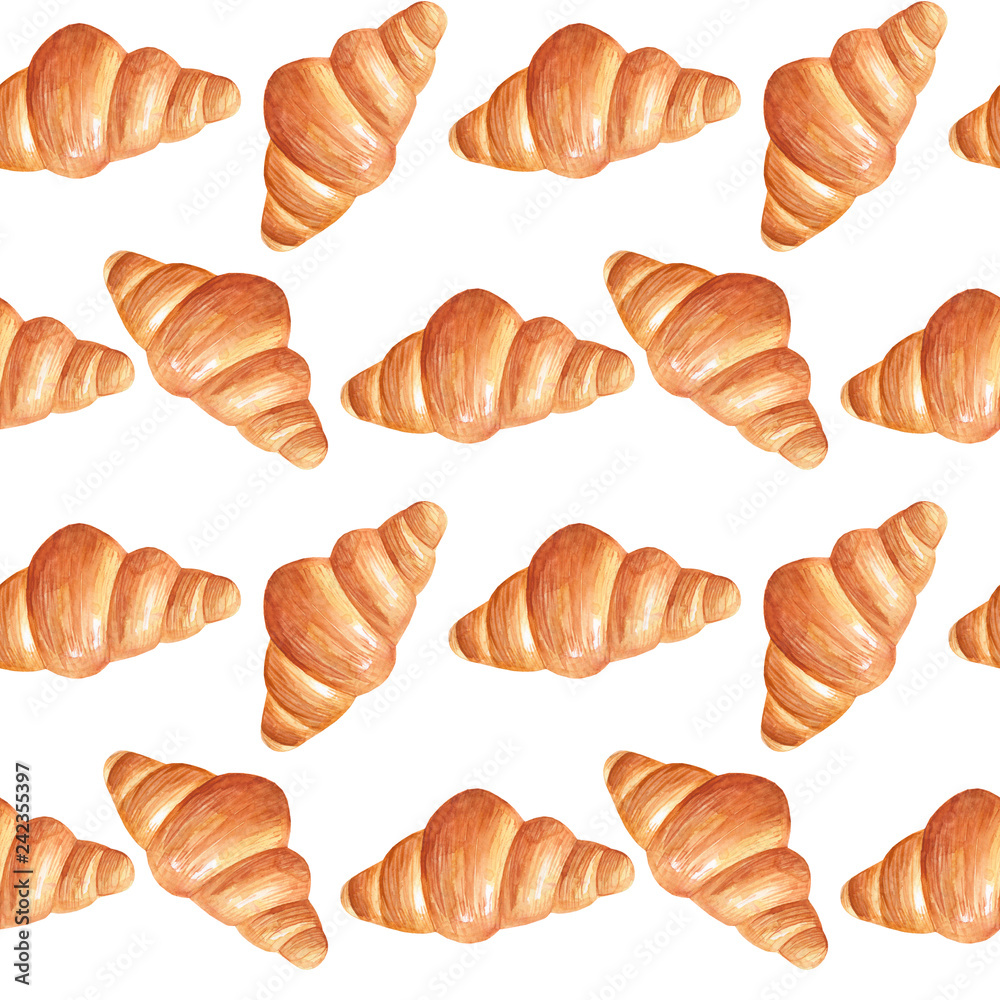 seamless pattern of watercolor desserts and pastries :croissants. Suitable for packaging and decoration of pastries and sweets. seamless pattern of watercolor desserts and pastries :croissants. Suitable for packaging and decoration of pastries and sweets.