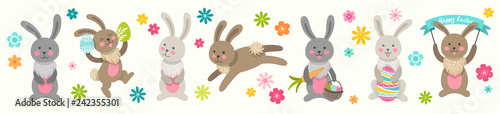 Set of cute Easter cartoon characters rabbits and design elements flowers. Easter bunny and flowers. Vector illustration