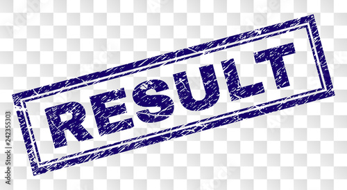RESULT stamp seal print with rubber print style and double framed rectangle shape. Stamp is placed on a transparent background. Blue vector rubber print of RESULT title with unclean texture.