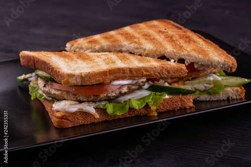 The crackling sandwich with chicken breast and fresh vegetables in cheese sauce