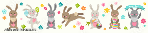 Fényképezés Set of cute Easter cartoon characters rabbits and design elements flowers
