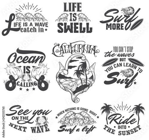 Collection of quote typographical background with silhouette of palm and surfboard. Illustration of triton, crab, waves, Nautilus.Template for card, poster, banner, print for t-shirt.