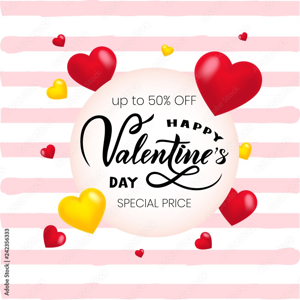Happy Valentines day special price on pink striped background, realistic red, golden Hearts. Vector