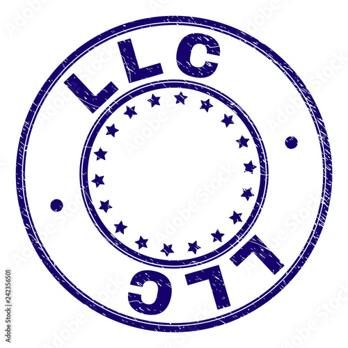 LLC stamp seal imprint with grunge texture. Designed with round shapes and stars. Blue vector rubber print of LLC title with grunge texture.