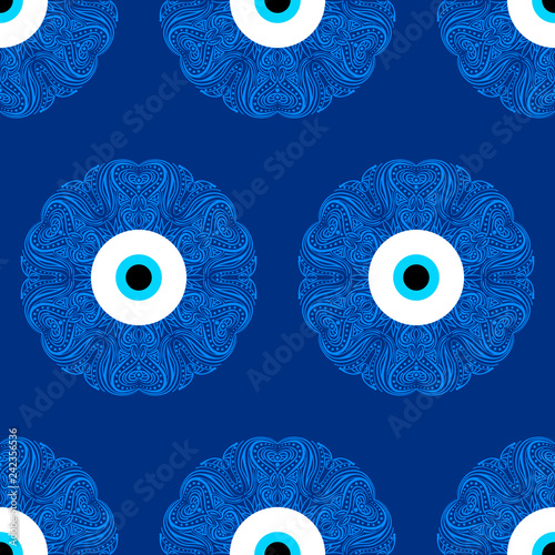 Seamless pattern with Turkish evil eye bead. Good luck. Turkish tile. Oriental ottoman design vector background. Perfect for wallpapers, pattern fills, web page backgrounds, surface textures, textile
