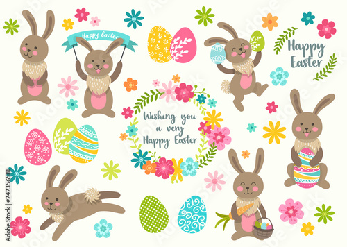 Set of cute Easter cartoon characters rabbits and design elements flowers. Easter bunny, eggs and flowers. Vector illustration