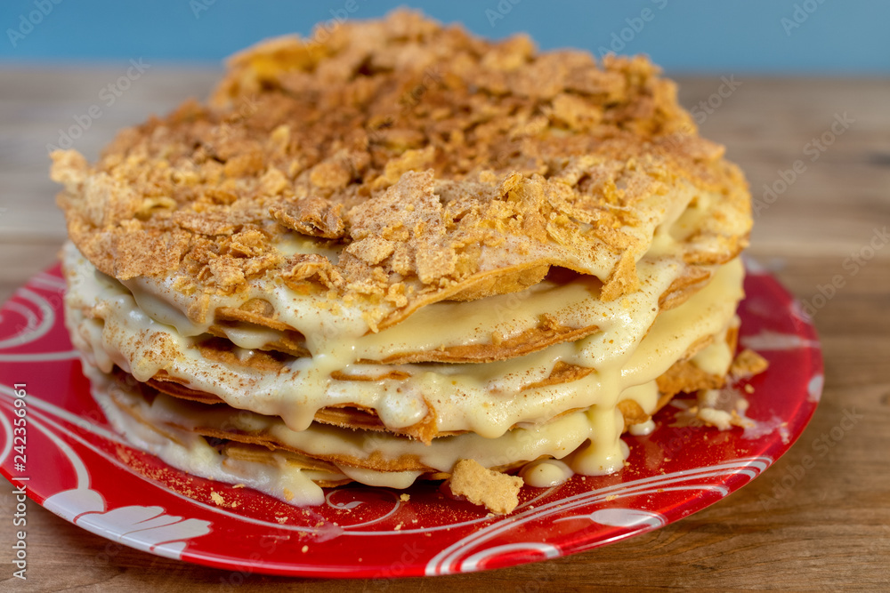 Homemade cake Napoleon with custard