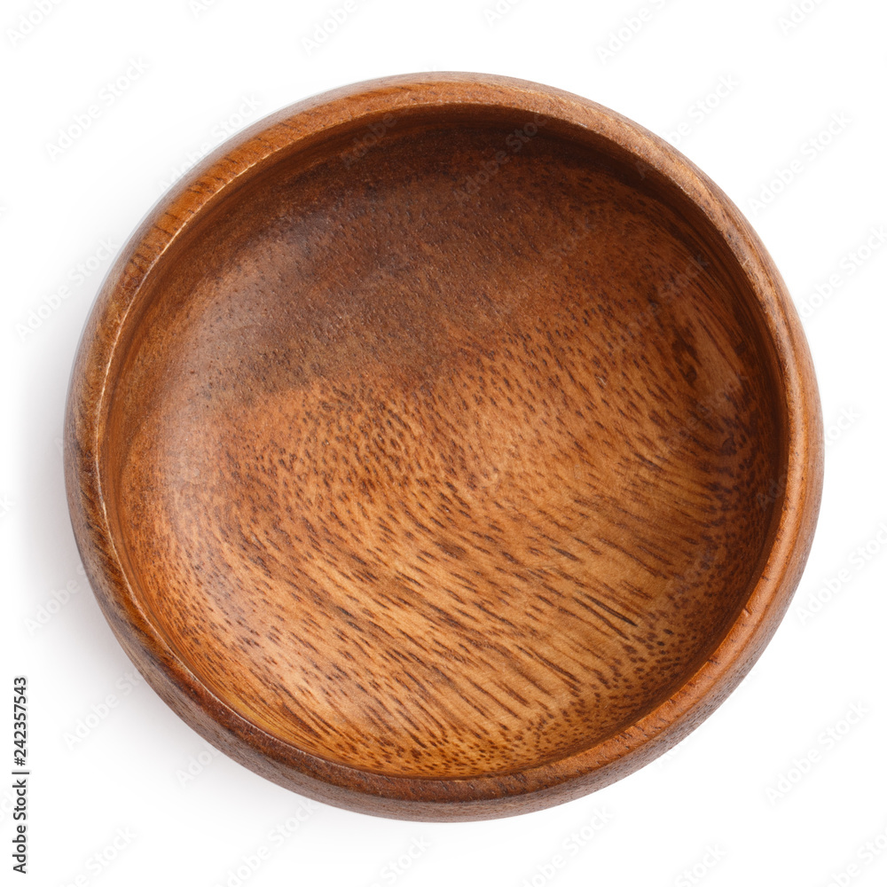 Empty wooden bowl, isolated on white background, view from above Empty wooden bowl, isolated on white background, view from above