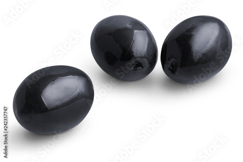 Delicious black olives, isolated on white background
