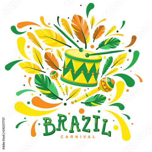 Musical instrument drum and maracas in the Brazilian carnival with feathers and confetti