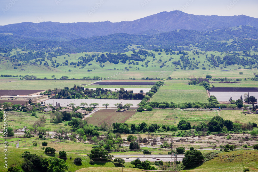Aerial view of agricultural fields, Santa Cruz mountain in the background, south San Francisco bay, San Jose, California