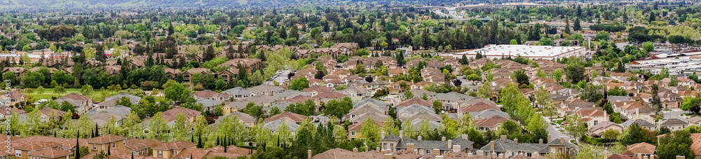 Panoramic view of residential neighborhood on a cloudy day, San Jose, California