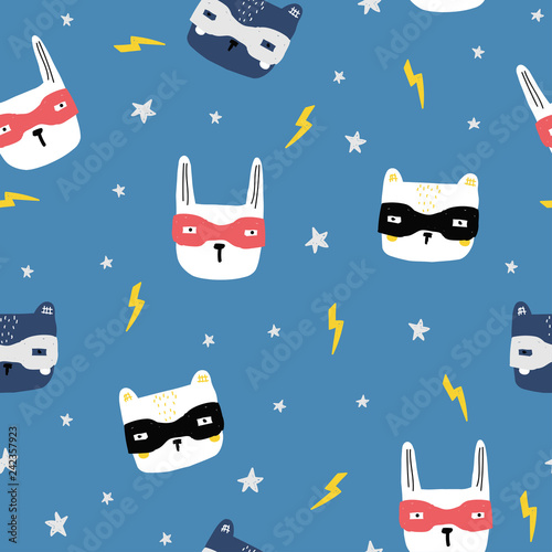 Childish seamless pattern with animals superheroes and thunderbolts. Cute kids print. Vector hand drawn illustration.