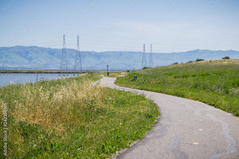 The bay trail at Shoreline Park, Mountain View, San Francisco bay area, California