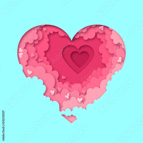 Paper heart with clouds illustration for Valentine's day. Vector illustration in paper cut style for cards, backgrounds, banners, posters, wallpapers, web and print designs for romantic occasions.