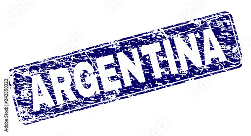 ARGENTINA stamp seal print with grunge texture. Seal shape is a rounded rectangle with frame. Blue vector rubber print of ARGENTINA title with unclean texture.