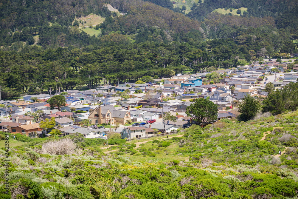 Aerial view of residential neighborhood in the town of Pacifica, Pacific Ocean coast, California