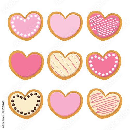 Pink cute Saint Valentine Heart shape white chocolate and strawberry icing cookies