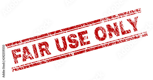 FAIR USE ONLY seal print with distress effect. Red vector rubber print of FAIR USE ONLY title with dust texture. Text title is placed between double parallel lines.