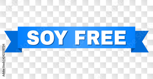 SOY FREE text on a ribbon. Designed with white caption and blue tape. Vector banner with SOY FREE tag on a transparent background.