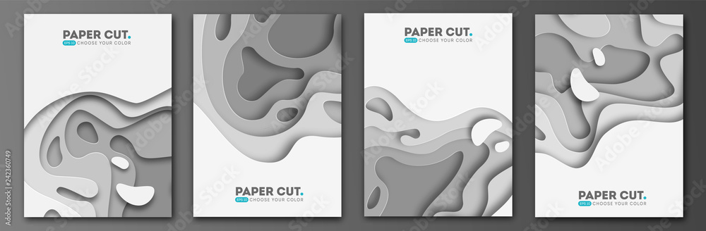 Plakat Paper Cut Wave Shapes. Layered curve Origami design for business presentations, flyers, posters. Set of 4 vertical banners. 3D abstract map carving. Vector illustration