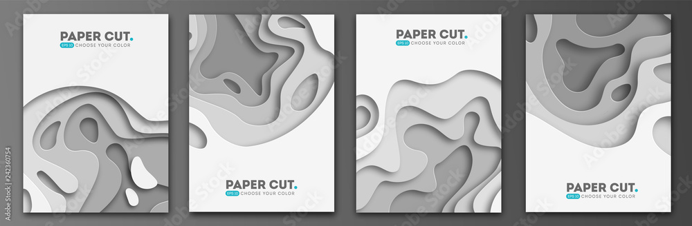 Plakat Paper Cut Wave Shapes. Layered curve Origami design for business presentations, flyers, posters. Set of 4 vertical banners. 3D abstract map carving. Vector illustration