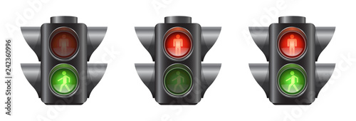 Set of realistic traffic lights for pedestrians, red and green signal, vector illustration isolated on white background