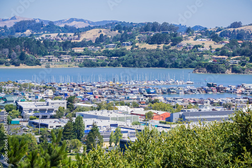 Aerial view of the bay and marina from the hills of Sausalito, San Francisco bay area, California