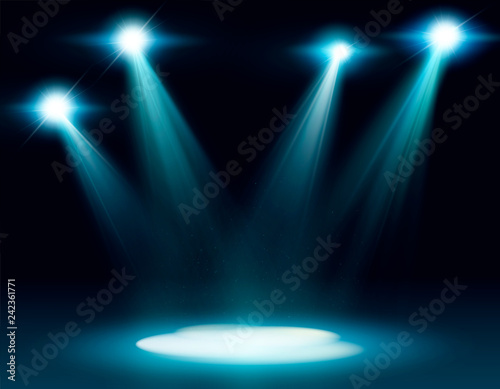 Scene illumination, transparent effects on a plaid dark background. Bright lighting with spotlights.
