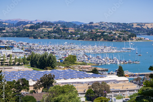 Photography Aerial view of the bay and marina from the hills of Sausalito; solar panels inst