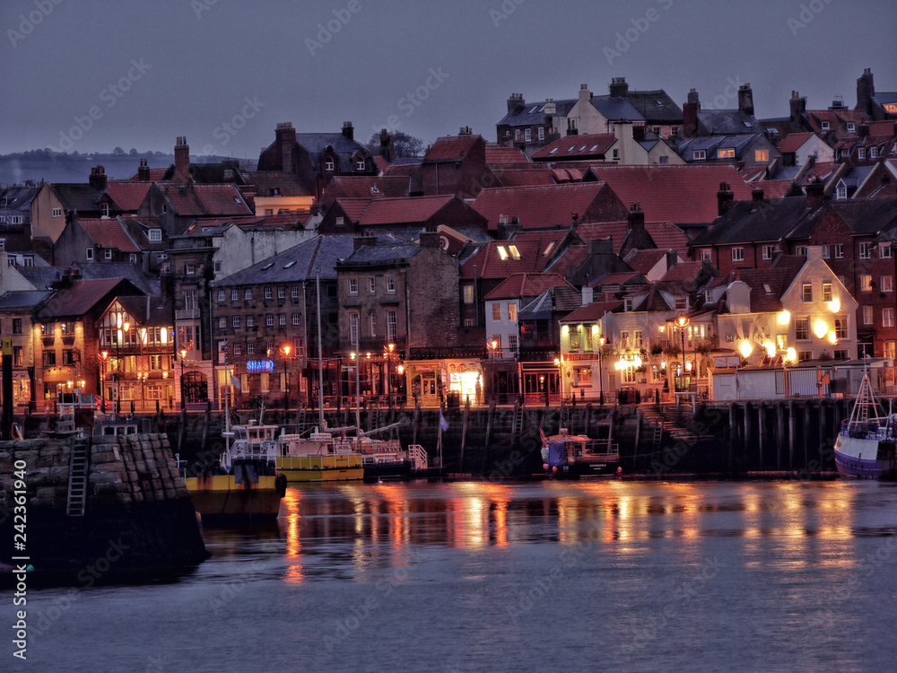 Whitby harbour at dusk, North Yorkshire