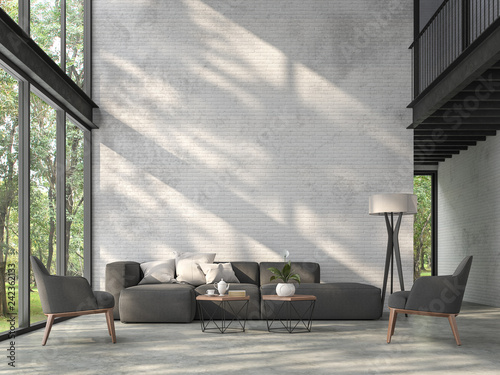High ceiling loft living room 3d render.There are white brick wall,polished concrete floor and black steel structure,There are large windows look out to see the nature,sunlight shining into the room.