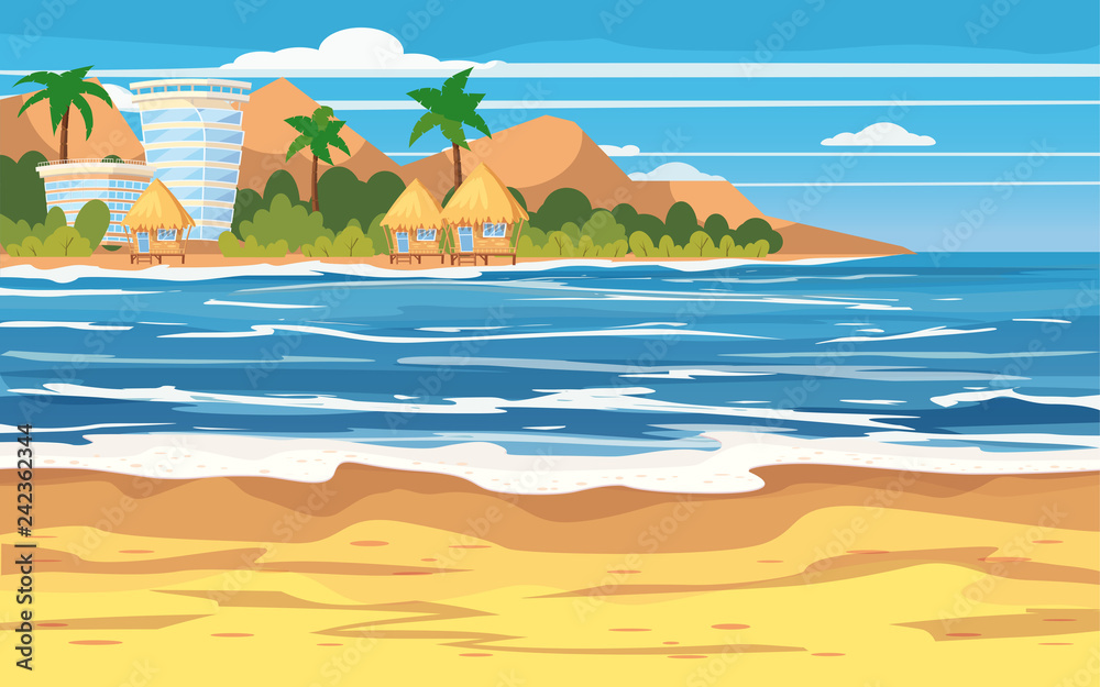 Vacation, travel, relax, tropical beach, island, building hotels, bungalow, seascape, ocean, template, banner, for advertising, vector, illustration, isolated, cartoon style