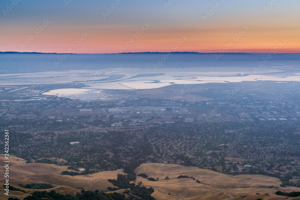 Aerial view of south San Francisco bay after sunset as seen from Mission Peak, California